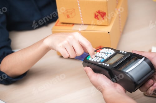 Preview: business paying with credit card machine, client purchase payment concept