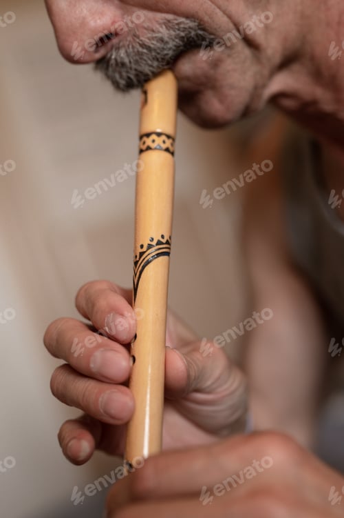 Preview: senior man playing flute. unprofessional male elderly recorder people with moustache play on pipe