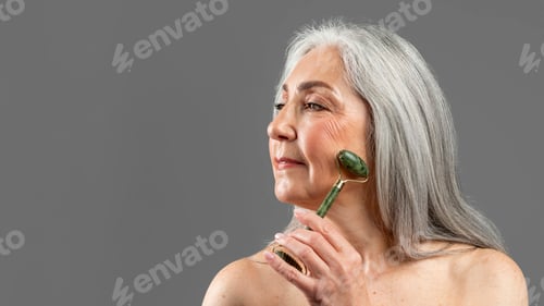 Preview: Serious old european lady with gray hair do jade massage, enjoy procedure with natural stone