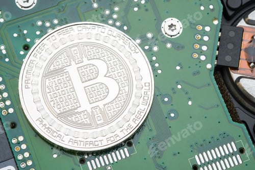 Preview: Gold and silver metallic bitcoins on electronic circuit motherboard.crypto currency mining