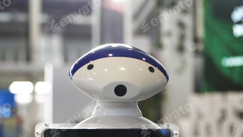 Preview: Close up of the moving humanoid robot with a camera on his head. Media. New technological robot