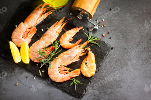 Preview: Seafood. Raw shrimps with spice and lemon on a slate board. Top view flat lay background.