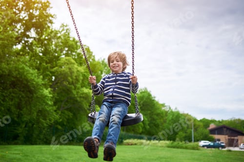 Preview: Outdoors portrait of cute preschool laughing boy swinging on a swing at the playground