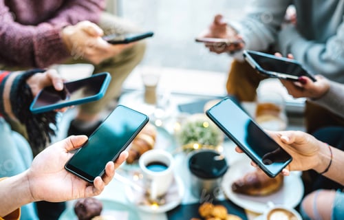 Preview: Friends group having fun using mobile smart phone chat