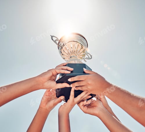 Preview: Teamwork, sports and hands of people with trophy for winner, achievement and champion success. Supp