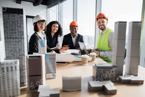 Preview: Multiracial coworkers builders and architects sitting at table with blueprints
