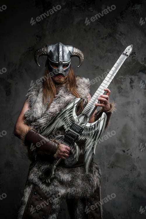 Preview: Ancient viking rocker with guitar against dark background