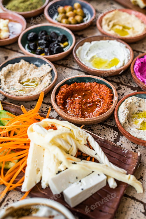 Preview: Turkish Village breakfast table served in a restaurant. Top view