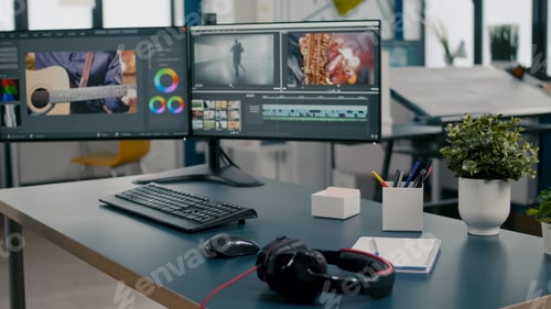 Preview: Empty creative multimedia studio with professional computer placed on desk