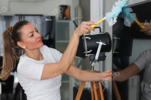 Preview: Cleaning, organizing, homework.A woman wipes the dust off the furniture at home.