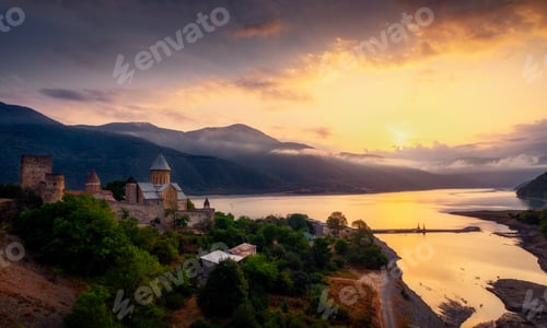 Preview: Scenic view of Ananuri fortress and lake at sunrise, Country of Georgia