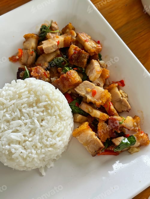Preview: Rice topped with stir-fried pork and basil, Rice topped with stir fried minced pork and basil with F