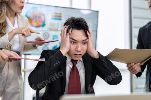 Preview: Stressed overwhelmed business worker feels tired at work overload exhausted suffering from headache