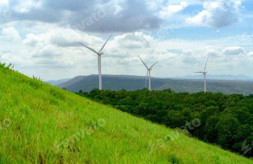 Preview: Wind Turbines Green Hillside Under Cloudy Blue Skies