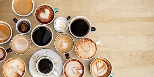 Preview: Assorted coffee cups on a light brown wooden board