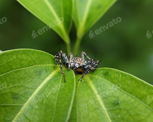 Preview: Closeup of a spider on a green leaf