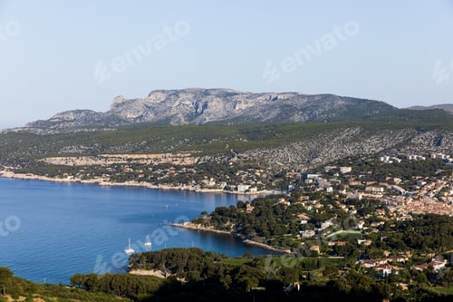 Preview: aerial view of beautiful village and sea harbour with yachts in Calanques de Marseille (Massif des