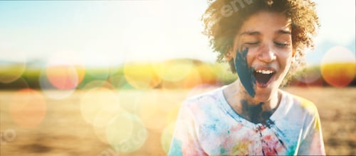 Preview: Boy, outdoor and paint splash on face with mockup space by field, grass or nature for holiday in bl