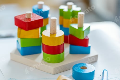 Preview: Children background with toys on blue wooden