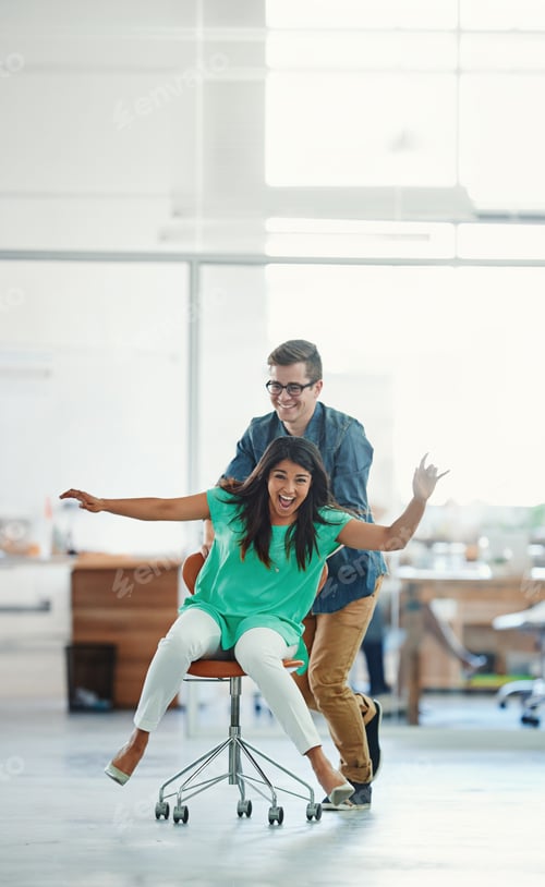 Preview: Office, playing or business women push chair for happiness, investment growth or startup success in