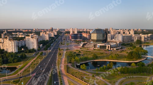 Preview: View from the roof of the National Library in Minsk at sunset. Belarus, public building