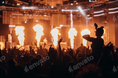 Preview: Silhouettes of concert crowd in front of bright stage lights on a music festival