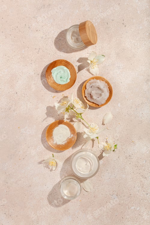 Vista previa: skincare products and jasmine flowers. natural cosmetics for home spa treatment