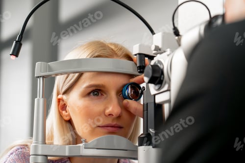 Preview: ophthalmology clinic a young doctor diagnoses the eyes of a young girl with a magnifying lens