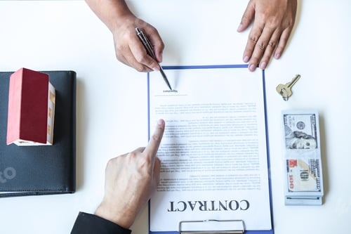 Preview: Estate agent broker pointing contract form to client signing agreement contract real estate with