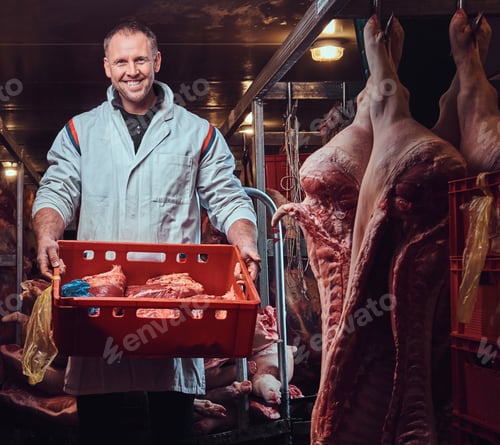 Preview: The butcher in a meat freezer.