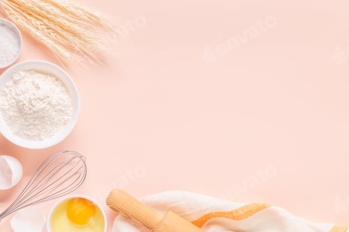 Preview: Ingredients for baking on light pink background.