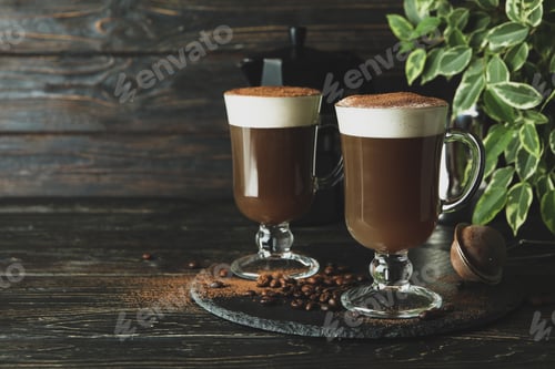 Preview: Concept of delicious drink with Irish coffee on wooden table