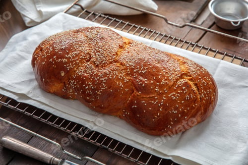 Preview: Fresh baked tsoureki braid. Easter sweet bread on the table, blur kitchen background