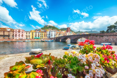 Preview: Unbelivable cityscape of Bosa town with Ponte Vecchio bridge across the Temo river.