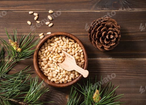 Preview: Pine nuts in a bowl on a dark wooden background with branches of pine needles and cone.
