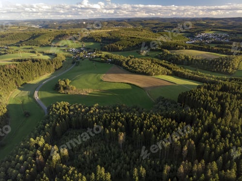 Preview: High angle shot of the beautiful green fields surrounded by trees under the cloudy sky
