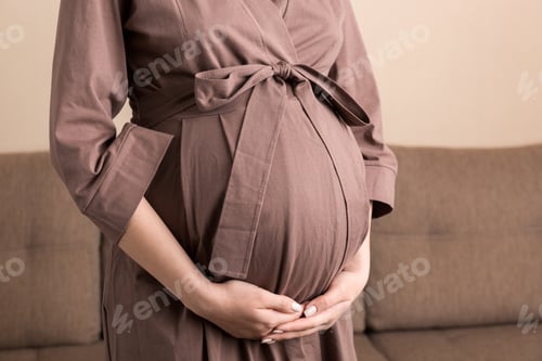 Preview: Pregnancy woman in beautiful dress standing on the home