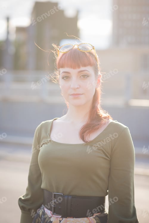 Preview: portrait young woman beautiful posing outdoor backlight looking camera