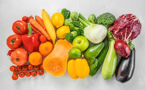 Preview: fresh organic fruits and vegetables in rainbow colors on a white background top view