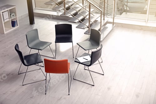 Preview: Chairs prepared for group therapy session in office. Meeting room interior