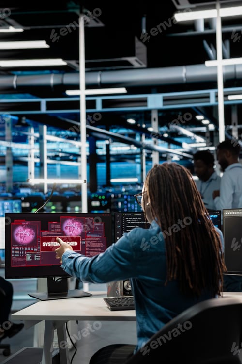 Preview: System administrator in server hub trying to protect hardware from hacker attack