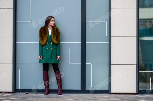 Preview: portrait of an elegantly dressed business woman at a glazed building in a financial district