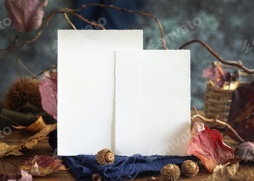 Preview: Cards on wood near autumn dried leaves closeup, wedding and party mockup in blue, red and orange