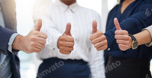 Preview: Hands, closeup and business people with thumbs up in office for thank you, partnership or success.