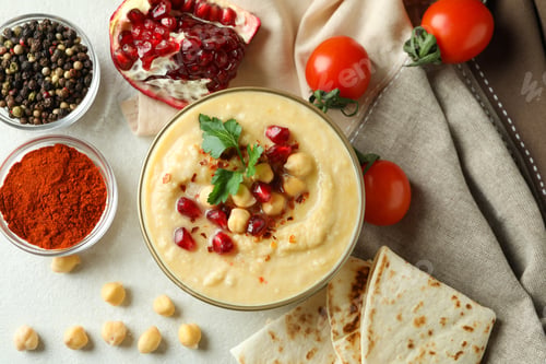 Preview: Concept of cooking hummus on white textured background