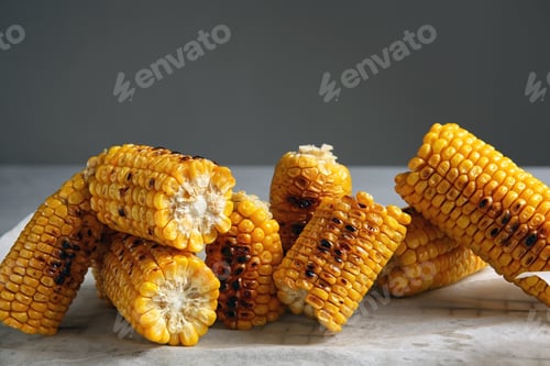 Preview: Grilled corn cobs on table against gray background