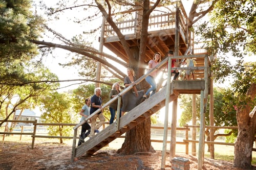 Preview: Multi-Generation Family Climbing Outdoor Wooden Platform To Tree House In Garden