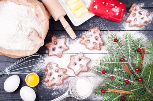 Preview: Ingredients for cooking Christmas baking with flour, eggs, butter and kitchen utensils