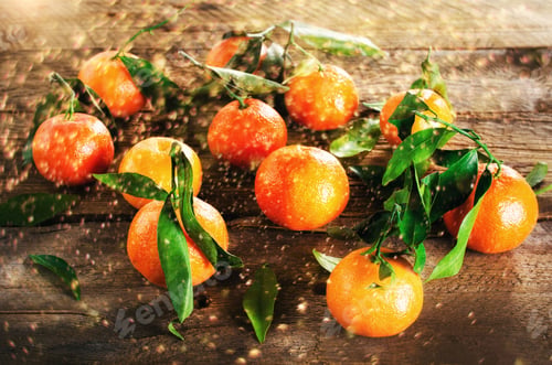 Preview: Mandarins Tangerines on wooden background. Copy space for your text. Bokeh and lights, toned effect