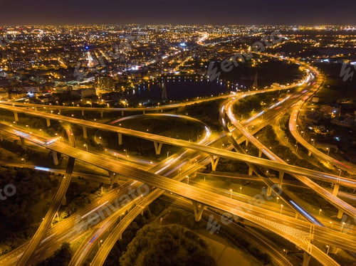 Preview: Aerial view of highway junctions. Bridge roads shape in structure. Top view. Urban city